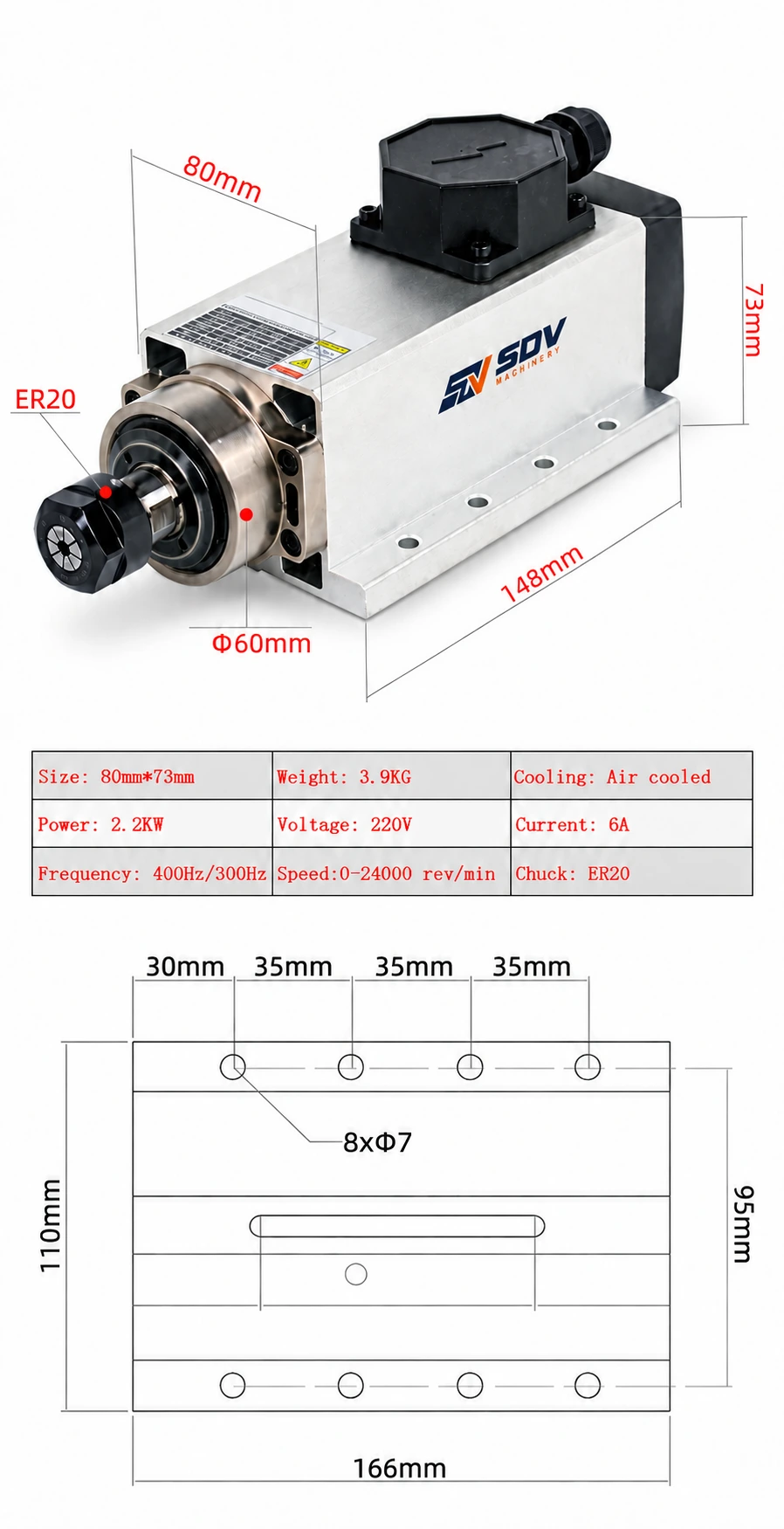 सीएनसी एयर कूल्ड स्क्वायर स्पिंडल मोटर 1.5KW/2.2KW - ER11/ER20 चक, 220V